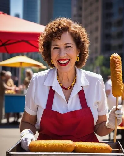 Corn dog vendor, mature lady, smiling face, curly brown hair, red lipstick, white apron, yellow gloves, holding corn dog stick, street food cart, urban streets, skyscraper background, sunny day, warm 