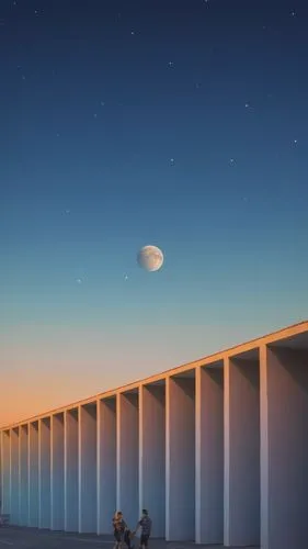 two people are walking near an outside structure with moon in the sky,turrell,sky space concept,futuristic art museum,planetariums,futuristic landscape,planetarium,Illustration,Paper based,Paper Based