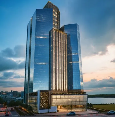 an architectural glassy building on top of a parking lot,rotana,azrieli,luanda,largest hotel in dubai,vnesheconombank,abidjan,Photography,General,Cinematic