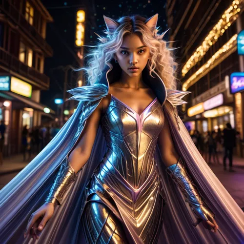 Curly long hair cat wavey wind dune genie pretty forest brown skin pretty girl neon light dress fairy lights romance  lightning powers ,fantasy woman,goddess of justice,queen of the night,valerian,bir