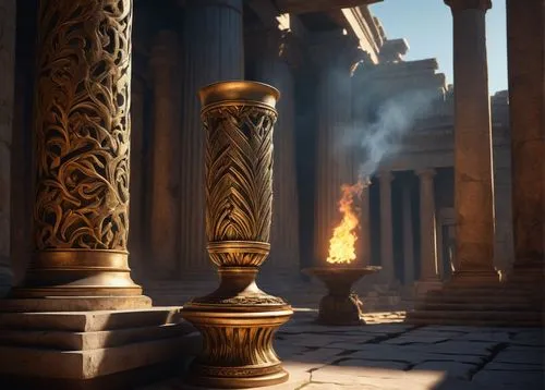 pillar of fire,columns,three pillars,pillars,pillar,pantheon,rome 2,the ancient world,ancient rome,roman columns,urn,doric columns,ephesus,fireplaces,games of light,torch-bearer,the pillar of light,antiquity,classical antiquity,accolade,Conceptual Art,Sci-Fi,Sci-Fi 05