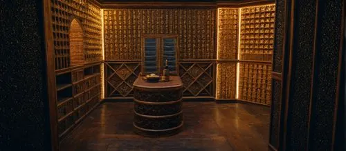 there is a wine storage room with wooden shelves and a wine table,portuguese galley,wine barrel,columbarium,columbaria,speaker cab,cellar,Photography,General,Fantasy