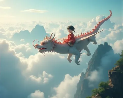 small girl riding a chinese dragon through the clouds above a chinese mountain landscape, real fantasy movie style, render cinematic realistic style, best quality, ultra detail, 8K resolution.,the lit