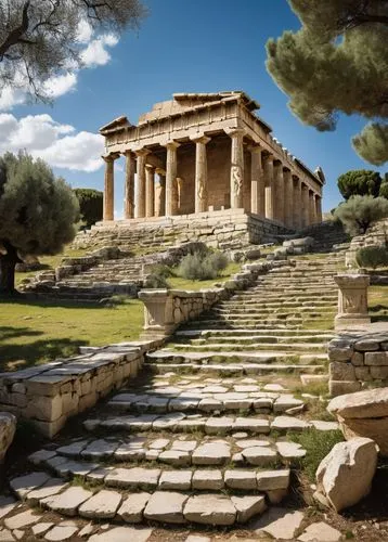 Ancient Greek temple, Doric columns, ornate carvings, intricate stone sculptures, weathered marble, worn stone steps, sprawling courtyard, surrounding olive trees, blue sky with few white clouds, warm