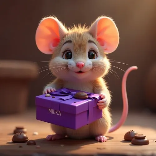 Eine süße Maus mit weichem fluffigen Fell hält dem Betrachter eine lilafarbene Pralinenschachtel hin. Text "MILKA". 3D, HDR.,a small rat holding a box with a little girl's name on it,tikus,despereaux,