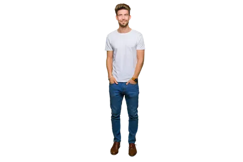 Young adult, male, royalty-free model, casual wear, white t-shirt, blue jeans, brown shoes, relaxed posture, hands in pockets, gentle smile, bright eyes, soft facial features, natural makeup, messy br