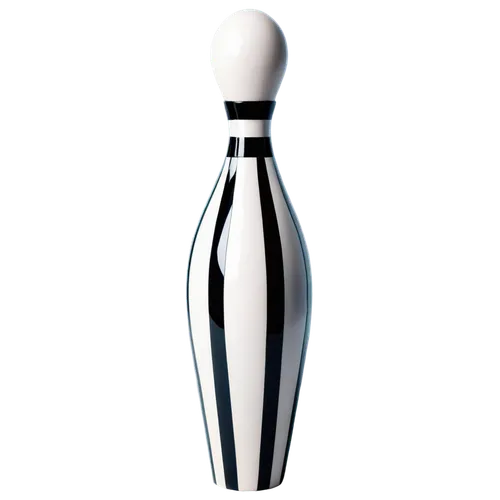 Bowling pin, black and white stripes, standing upright, reflective surface, high-gloss finish, rounded top, skinny body, heavy base, dynamic pose, spotlight shining, dramatic shadows, cinematic compos