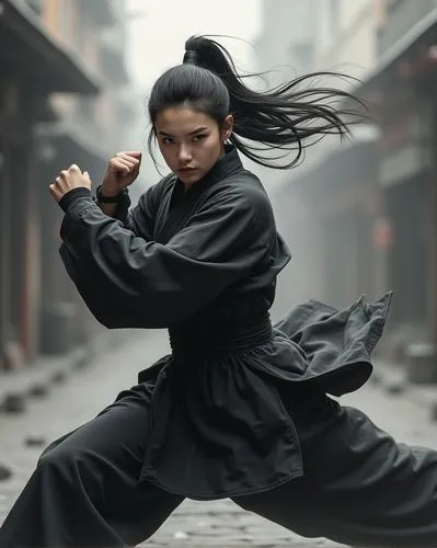 A dramatic portrait of a female martial artist is captured mid-movement, showcasing her fluid grace and power. The artwork fuses traditional Japanese martial arts elements with modern abstract designs