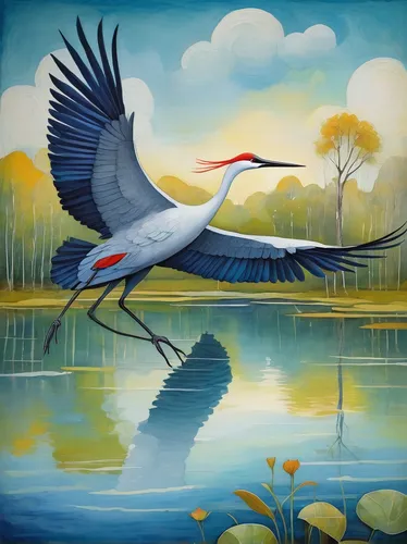 bird painting,great heron,red-crowned crane,crane bird flying,great blue heron,gray heron,migratory bird,heron,fujian white crane,crane-like bird,stork,eastern crowned crane,migratory birds,crane,aquatic bird,waterbird,pacific heron,wading bird,spoon heron,coastal bird,Illustration,Abstract Fantasy,Abstract Fantasy 07