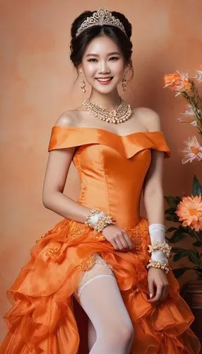 A peculiar portrait of a girl in an orange princess dress, standing confidently with a big smile on her face, looking directly at the viewer. Her eyes sparkle as she stares directly into the camera. D