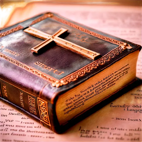 Old, worn, leather-bound Bible, golden cross, intricate page designs, ornate font, verse highlights, yellowed pages, soft lighting, close-up shot, 3/4 composition, shallow depth of field, warm color t