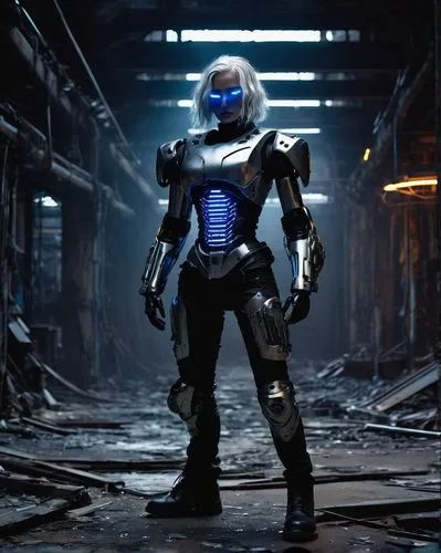 AI robot, futuristic, metallic body, glowing blue eyes, shiny silver hair, robotic arms, advanced computer screen on chest, black leather jacket, ripped jeans, heavy combat boots, standing, abandoned 