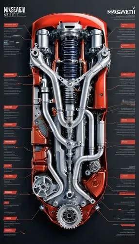 an industrial design sketch of a beautiful Maserati Nettuno 3.0 (V6 T, 630 CV) engine (construction plan),  alien advanced concept model, futuristic style with all the data related to its construction