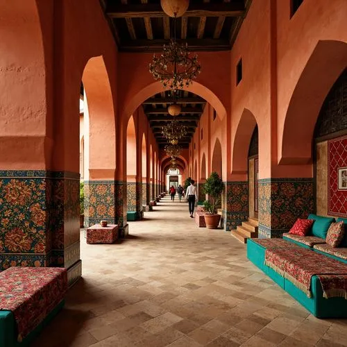 Vibrant cultural center, rich heritage, warm earthy tones, terracotta red walls, sandy beige floors, turquoise accents, intricate patterns, colorful textiles, ornate architectural details, natural sto