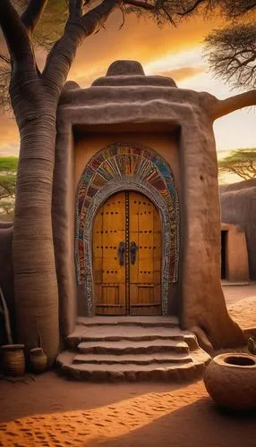 Francis Kere-inspired architecture, mud-brick buildings, earthy tones, curved lines, organic shapes, natural ventilation, rustic wooden doors, ornate metal door handles, colorful textiles, vibrant pat