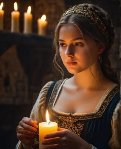 candle,middle ages,young woman,dress,castle,long hair