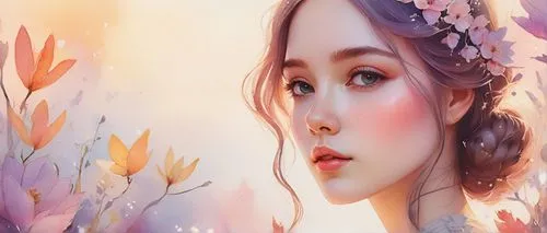 girl in flowers,flower painting,japanese floral background,flower fairy,portrait background,mystical portrait of a girl,peach blossom,japanese sakura background,flower background,floral background,apricot blossom,fantasy portrait,watercolor floral background,fairy tale character,eglantine,the cherry blossoms,jessamine,girl picking flowers,blossom,cherry blossoms,Illustration,Paper based,Paper Based 01