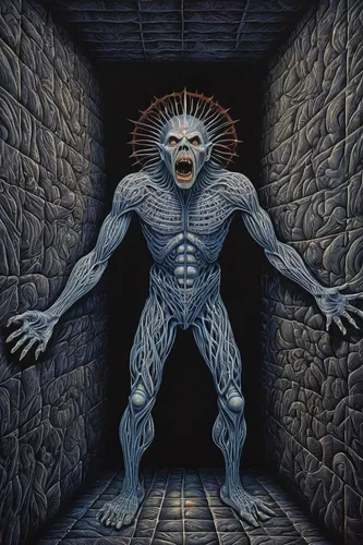 In a dark dungeon, a prisoner shouted 'Jawohl!' as he planned his escape.,primitive man,biomechanical,wall,labyrinth,humanoid,threshold,the threshold of the house,daemon,supernatural creature,pall-bea