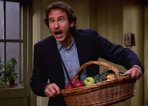 Craft a comedic skit about a clumsy character who constantly finds themselves in basketcase situations.,basket of apples,wicker basket,vegetable basket,grocery basket,basket with apples,fruit basket,b