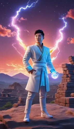 portrait shot man vivid quirky high fashion lightning portrait illusory landscape firey sunset range of colors standing on the edge of ancient ruins at earthrise starry skies before heaven astral phot