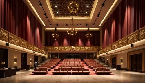 Luxurious auditorium, velvet curtains, rich wood paneling, polished marble floors, soft cushioned seats, ornate golden details, dramatic spotlights, subtle ambient lighting, acoustic soundproofing mat