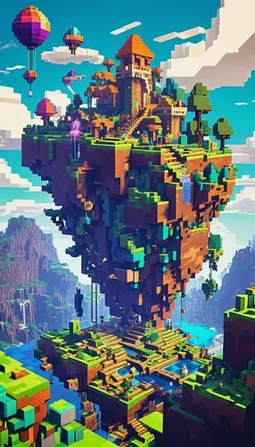 mushroom island,mushroom landscape,meteora,floating islands,floating island,mountain world,pixel cube,biome,bird kingdom,fractal environment,island suspended,flying island,cubes,panoramical,cubic,tileable,uninhabited island,terraforming,low poly,3d fantasy,Unique,Pixel,Pixel 03