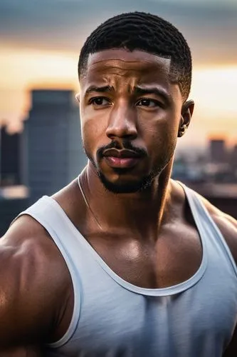 Michael B Jordan, strong jawline, muscular man, 30s, short black hair, trimmed beard, intense gaze, serious expression, white tank top, athletic physique, sweaty skin, outdoor training, city rooftop, 