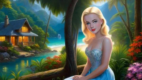 Romantic masterpiece oil painting, beautiful girl portrait, nostalgic 1950's style kitsch, vibrant rainforest, mountaintop cottage landscape, lush tropical jungle paradise, summer beach scenery, by Th