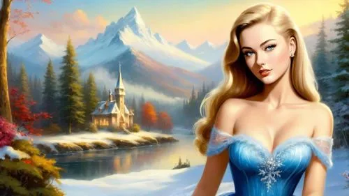 dark saturated colors, Romantic masterpiece oil painting, beautiful girl dainty sheer dress portrait, nostalgic 1950's style kitsch, ice princess, frozen winter wonderland kingdom landscape, cozy fami