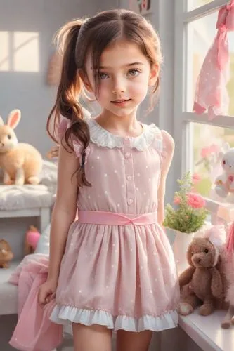 Adorable little girl, around 6-years-old, sparkling brown eyes full of wonder, cute ponytail with red ribbon, freckles on cheeks, sweet innocent smile, blush pink frock with polka dots, white frilly s