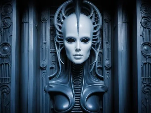 Background with H.R. Giger influence.,a woman wearing futuristic clothing is posed inside,giger,doorkeeper,sirian,creepy doorway,tarja,biomechanical