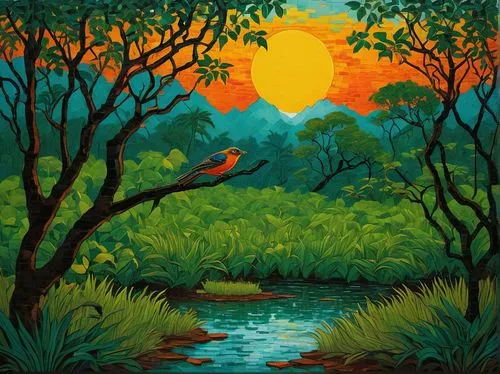 mangroves,river landscape,orange tree,oil painting on canvas,eastern mangroves,forest landscape,Art,Artistic Painting,Artistic Painting 03