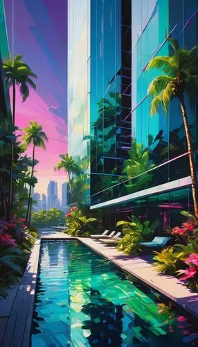 paradisus,futuristic landscape,miami,lagoon,tropical house,diamond lagoon,palms,palmtrees,resort,vdara,neotropical,oasis,tropics,hkmiami,honolulu,haulover,waikiki,paraiso,tropical island,aqua studio,Conceptual Art,Oil color,Oil Color 07