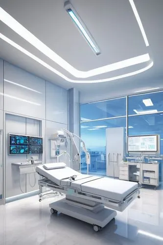 Modern hospital, futuristic interior design, sleek glass walls, steel beams, white marble floors, minimalist furniture, digital displays, medical equipment, hospital beds, IV poles, doctor in white co