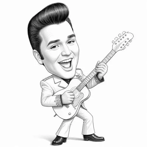 pencil drawing style  Julius Leblanc Stewart Caricature style drawing of a celebrity, big head, small body, exaggerated facial expressions. A 3D animated character resembling Elvis Presley, wearing a 