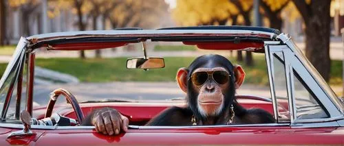 Chimpanzee, driver, sitting, hands on steering wheel, curious eyes, furrowed brow, wearing sunglasses, blue denim jacket, white t-shirt, ripped jeans, sneakers, holding keys, inside a convertible, vin