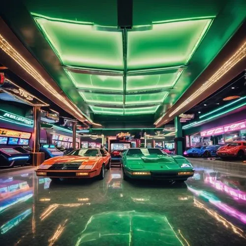 ufo interior,underground garage,spaceship interior,parkade,car showroom,neon arrows,underground car park,retro diner,lanes,electric gas station,arcades,arcade games,drive in restaurant,autopia,dodgems,drivespace,spaceland,neon lights,garage,neon,Unique,Pixel,Pixel 04