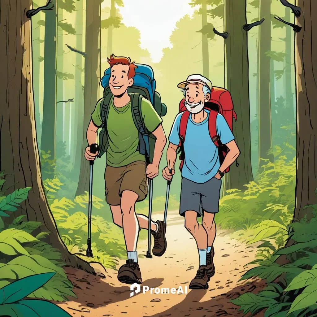 Create a basic cartoon of a man and his friend hiking in the forest. Both hikers should have cheerful and relaxed expressions, wearing typical hiking gear like backpacks, hats, and boots. The forest s