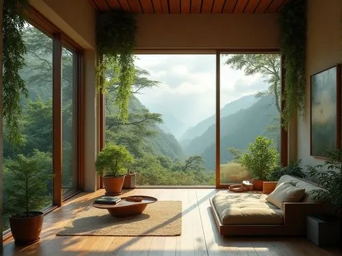 home landscape,japanese-style room,house in mountains,tea zen,house in the mountains,roof landscape,sunroom,ryokan,window view,zen,the cabin in the mountains,livingroom,living room,serene,mountain scene,zen garden,sitting room,mountain landscape,idyllic,beautiful home,Photography,General,Realistic