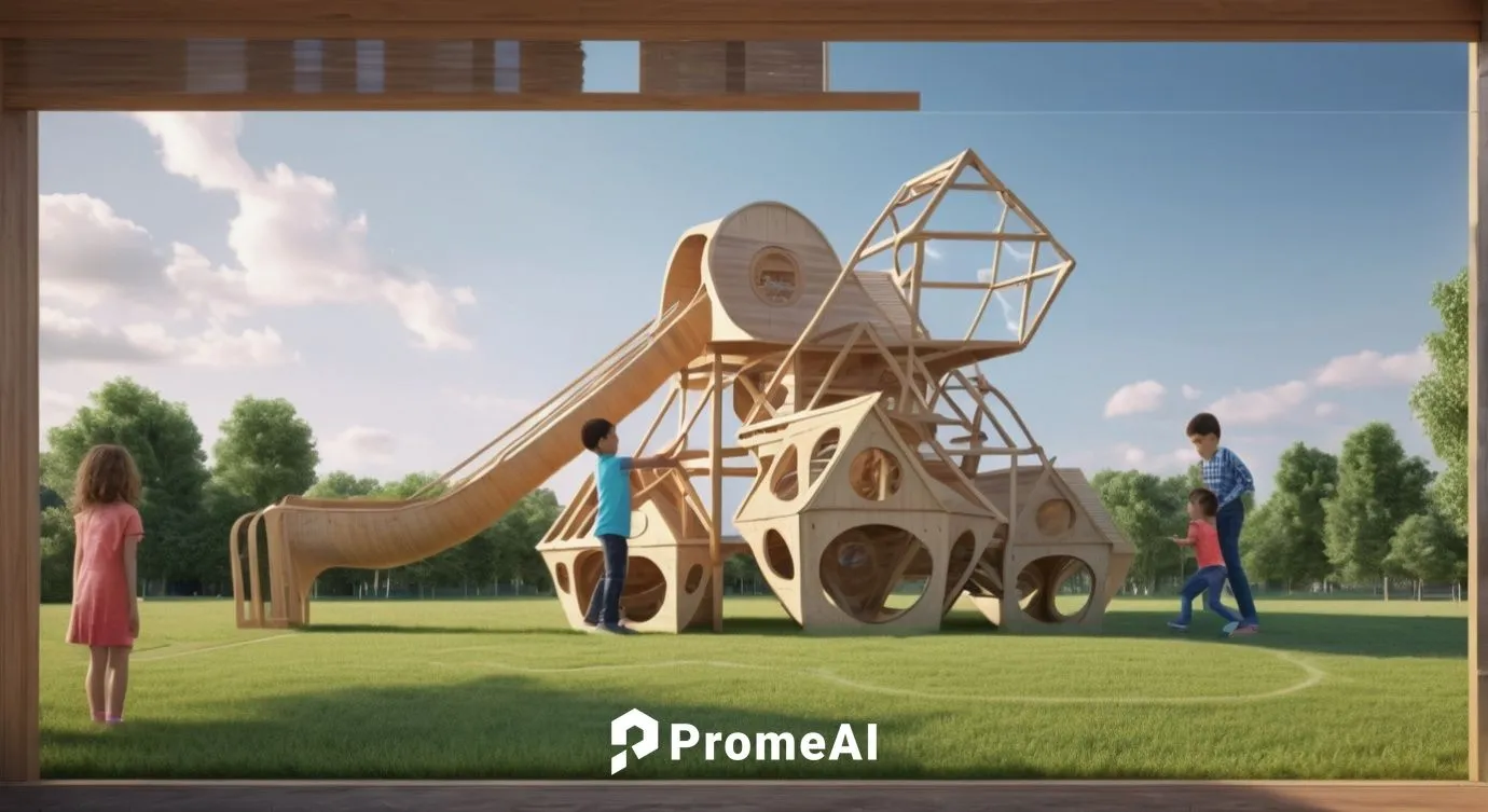 Children Playing with trees in background,outdoor play equipment,playset,children's playhouse,wooden frame construction,play tower,wooden construction,dog house frame,children's playground,playground 