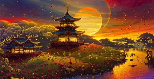 a painting of a beautiful asian landscape with flowers,oriental lantern,landscape background,mid-autumn festival,fantasy landscape,oriental painting,cartoon video game background,Illustration,Realisti