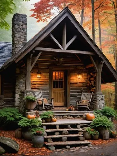 Rustic Appalachian cabin, wooden structure, stone chimney, metal roof, overhanging eaves, wrap-around porch, wooden rocking chairs, lanterns, vines crawling up walls, surrounded by dense forest, foggy