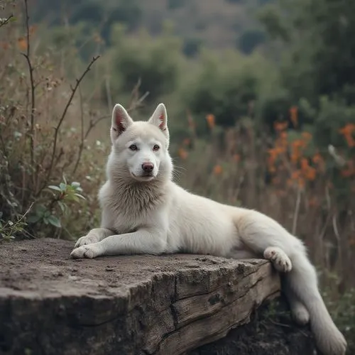 sese,the white dog is laying down in front of the bushes,samoyedic,atka,jindo,pyr,white fox,white dog