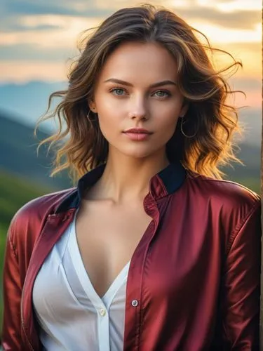 A beautiful female portrait.,the woman poses with her hands in her pockets,portrait background,romantic look,demelza,young woman,beautiful young woman,landscape background,Photography,General,Natural