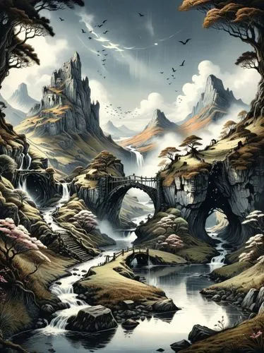 a painting of a stream passing by mountains with trees,gondolin,fantasy landscape,nargothrond,fantasy picture,ithilien,erebor,Illustration,Realistic Fantasy,Realistic Fantasy 25