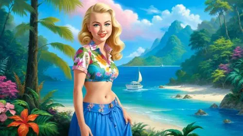 Romantic masterpiece oil painting, cute girl portrait, nostalgic 1950's style kitsch, vibrant rainforest landscape, lush tropical jungle paradise, scenery, by Thomas Kinkade, by Bob Ross, high res,mer