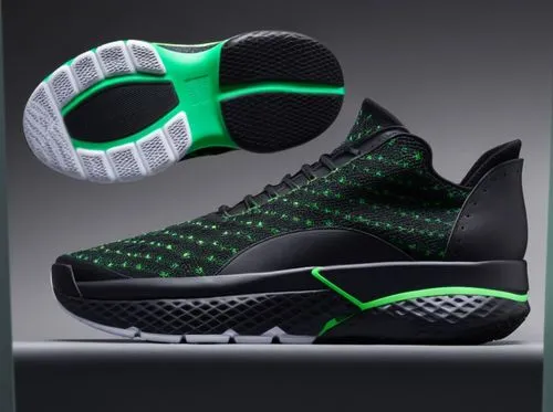 Battleknit upper, pebbled leather heel cap, mesh inlay on lateral, diamond pattern trim on sole, sock collar rim, all black with green accent color scheme ,Basketball guard court shoe 1 ,basketball sh