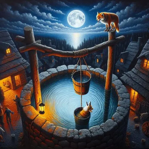 wishing well,fantasy picture,kittelsen,hanging moon,rescue alley,night scene,witch's house,mostovoy,the wolf pit,fantasy art,potter's wheel,cauldron,ancient house,woman at the well,cauldrons,tulou,halloween scene,oscura,salem,illusion