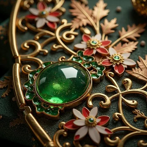 Intricate ornate details, flowing organic curves, luxurious materials, jewel-toned colors, rich emerald greens, velvety crimson reds, golden yellows, soft peach hues, iridescent blues, opalescent whit