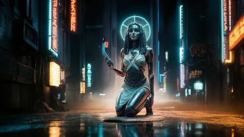 cortana,metropolis,ahsoka,3d render,girl walking away,angel statue,mediatrix,hologram,cyberia,veil,galadriel,hatsune miku,zoltar,girl in a long dress,ia,bladerunner,estess,ororo,walking in the rain,redeemer